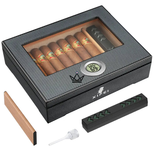 Carbon Fiber Cigar Humidor 25-35 Cigars Glass Top - SHADOW