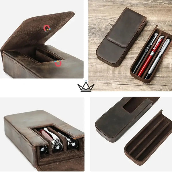 CONTACTS FAMILY Genuine Leather 3 Slots Pen Case With Removable Pen Tray Holder Pencil Case Men Woman Girls Office School Pouch - ["maj-filtre"] -  - Cadeau, Noël, Anniversaire, Original, Fête des pères, fête des mères - Atelier Atypique