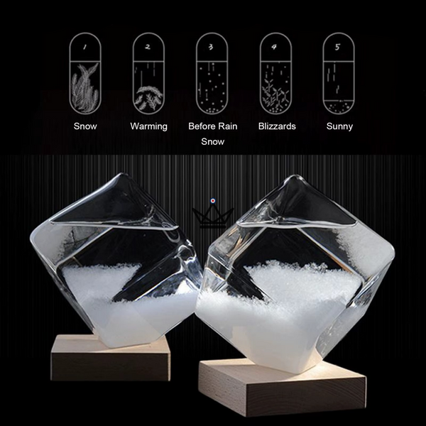 Glass cube storm glass barometer on wooden base - FROST