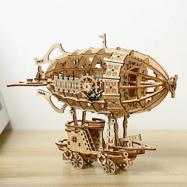 Puzzle 3D en bois dirigeable steampunk sur chariot à construire - ZÉPHYRE