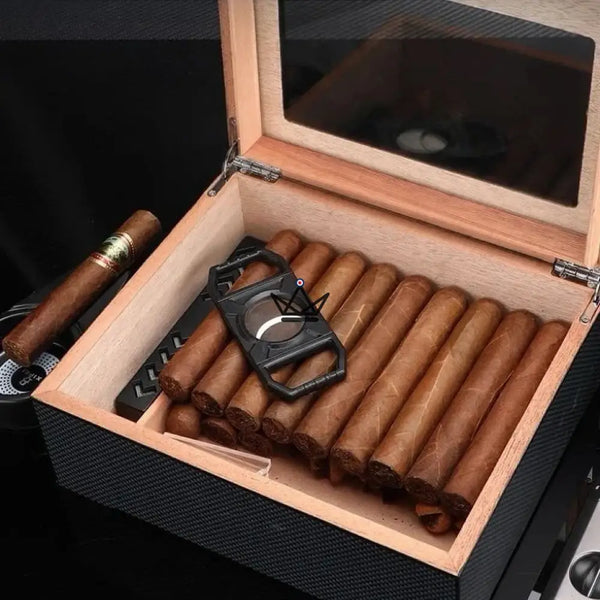 Carbon Fiber Cigar Humidor with accessories, 60 cigars - SHADOW PRESTIGE
