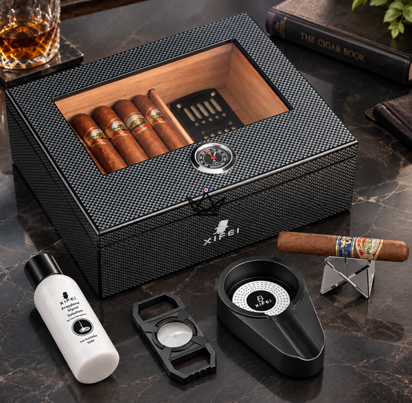 Carbon Fiber Cigar Humidor with accessories, 60 cigars - SHADOW PRESTIGE