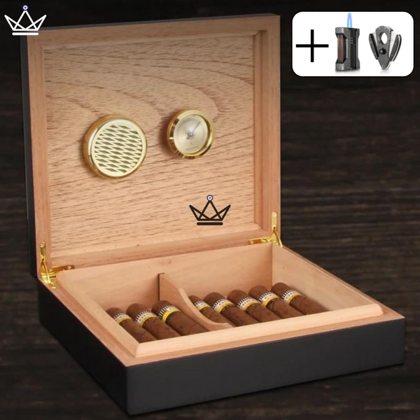 BLACK WOOD Cigar Humidor — Spanish Cedar, 20 Cigars, Hygrometer & Humidifier