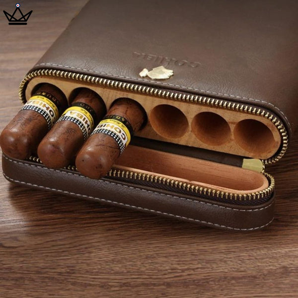 Etui de voyage cuir COHIBA ZIPY - 6 cigares portable luxe cadeau homme indispensable humidificateur inclus marron
