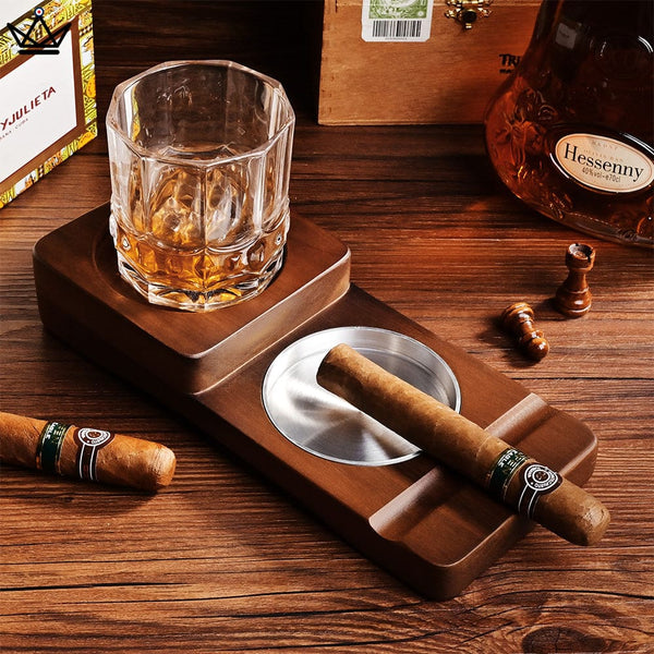 Set Cendrier Cigare - Whisky Wood verre wisky original cadeau bois luxe homme anniversaire fete des pere carre